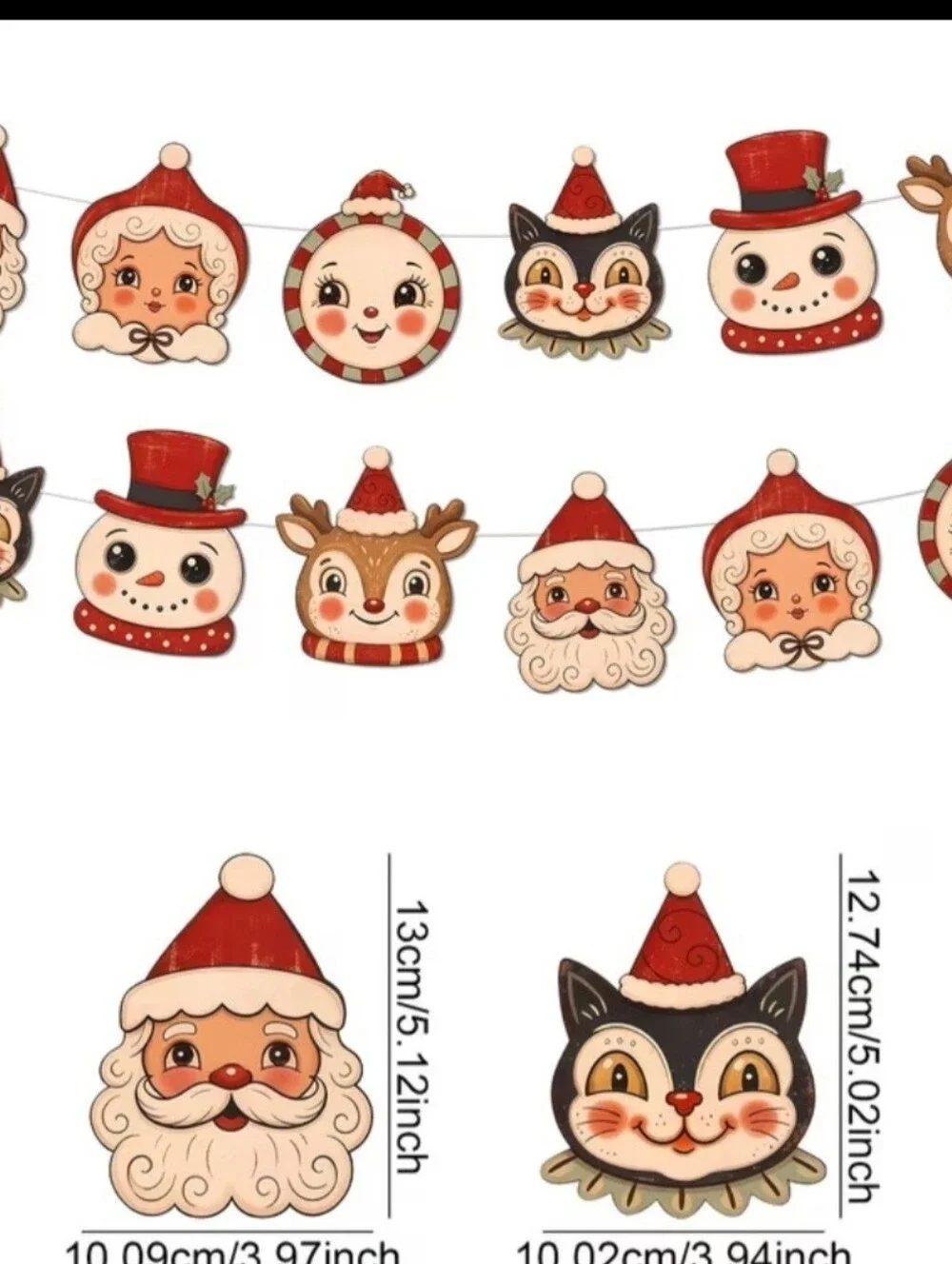 Vintage Christmas Garland Retro Santa Snowman Reindeer Cat Kitsch Holiday Decor